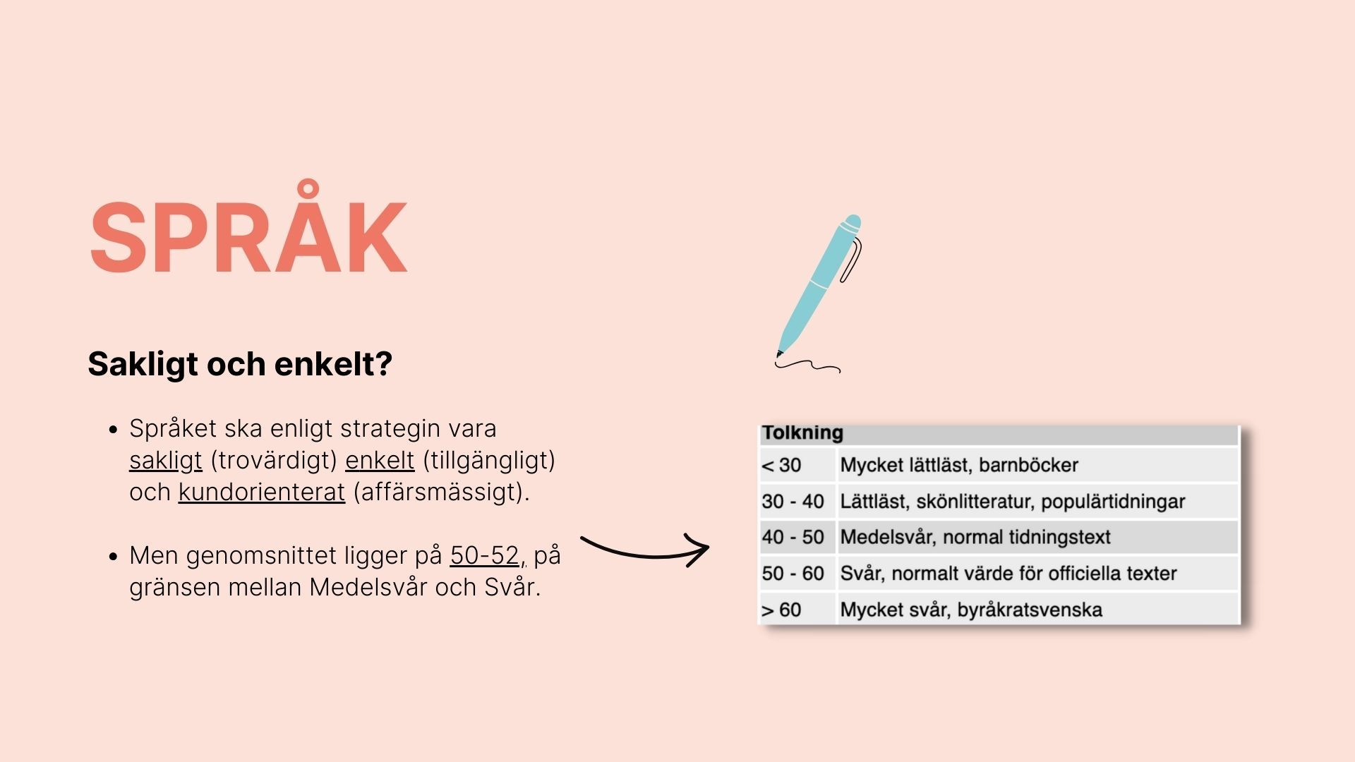 Utsnitt ur granskningen med huvudrubriken "språk"